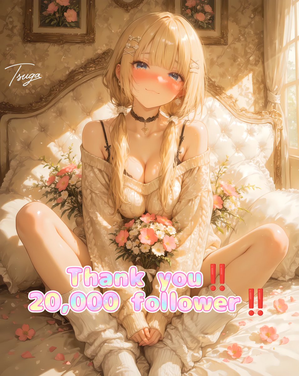 TSuga5795's tweet photo. 【20000フォロワー様達成＆記念企画開始‼】
#AIする君へ花束を

皆さんチンチコール✋✨💕
久しぶりのご報告となりますが、ついに先日20000フォロワー様を達成しました㊗🎉🎊🎂💐✨💕

2025年2月に10000フォロワー様達成してから1年、ここまで来れたのも沢山のお友達に支えられてきたおかげです😭✨

この1年でアザティーちゃんも皆さんに愛され、そして平成刀ギャルの企画も毎回コラボさせていただけるほどの人気となりました🗡✨

本当に本当にありがとうございます😭✨💕

そして、20000フォロワー様達成を記念してゲリラ企画を行います‼

その名も、【#AIする君へ花束を】

テーマはとても簡単💝

【花束やブーケの入ったイラスト】で参加して下さい💐✨

そして今回はなんとっ‼
アザティーちゃんのプロンプトも解禁します😆
ALTに平成ギャルスタイルのアザティーちゃんのプロンプトを記載しますので、ぜひ皆さんであざと可愛いアザティーちゃんと生成してみてください💝

企画参加のイラストはオリキャラでもアザティーちゃんなりきりでも自由です💐💕

参加は #AIする君へ花束を のタグ付け(引用は任意)で参加して下さいね👍✨

【⌛開催期間⌛】
3月3日(火)～3月8日(日)23:59まで

【🎨規定枚数🎨】
無制限(ただし、短時間に大量のポストはご遠慮ください)

【✖禁止事項✖】
・過度なセンシティブ表現(エロ・グロ)
・Grokリンクや外部リンクの貼付

【🙇お礼🙇】
いいね👍＋リポスト💝＋コメント📢
影🍞対策のため、少しずつのリアクションとなります
また、2枚目以降の参加イラストはいいね＋リポストだけになるかもしれませんのでご了承ください🙇✨

これからも皆さんに愛されるアザティーちゃんを表現出来るよう、また沢山の人に楽しんでもらえる企画を開催していきますので、どうかこれからも変わらず仲良くしてくださいませ🍀👏✨

SFW illustration. No nudity or suggestive intent.