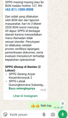 ferrykoto's tweet photo. Nah, bagus langkah BGN ini. Aduan dan Kritik publik didengar dan ditindaklanjuti.

Beri sanksi tegas, pada SPPG yang melanggar, yang tidak sesuai SOP, yang sajikan makanan basi/rusak sehingga timbulkan keracunan.

Mari warganet, sama-sama awasi pelaksanaan MBG di lapangan. Perintah Presiden tegas "NO KASUS", NO TOLERANSI KORUPSI, PENYIMPANGAN, KERACUNAN di Program MBG.
---------------------------

Dari 24.000 SPPG yang sekarang sudah beroperasi, jika MBG yang diterima dinilai tidak layak, penerima manfaat / orang tua penerima manfaat berhak menuntut perbaikan kualitas langsung ke SPPG masing-masing atau ke BGN melalui hotline 127, WA +62-811-1000-8008.

--------------------------------

Dari sidak yang dilakukan oleh BGN dan dari laporan masyarakat, hari ini 3 Maret 2026 BGN resmi menutup 43 dapur SPPG di berbagai daerah karena menyediakan menu Ramadan tidak sesuai standar.

Berikut Data SPPG Yang ditutup;

SPPG ditutup di Banten (2 Lokasi)
- SPPG Serang Anyar Kosambironyok 2
- SPPG Lebak Gunungkencana Sukanegar

SPPG ditutup di DK Jakarta (1 Lokasi)
- SPPG Jakarta Barat Cengkareng Cengkareng Barat 3

SPPG ditutup di Jawa Barat (7 Lokasi)
- SPPG Tasikmalaya Sariwangi Sirnasari 2
- SPPG Bandung Soreang Cingcin 2
- SPPG Bandung Soreang Pagaden Kamarung 1
- SPPG Garut Cibatu Padasuka
- SPPG Subang Kalijati Kalijati Timur 2
- SPPG Subang Pagaden Kamarung 1
- SPPG Garut Cibatu Padasuka 2

SPPG ditutup di Jawa Tengah (3 Lokasi)
- SPPG Temanggung Temanggung Giyanti
- SPPG Sragon Tanon Gading
- SPPG Brebes Banjarharjo Cikakak

SPPG ditutup di Jawa Timur (17 Lokasi)
- SPPG Nganjuk Nganjuk Cangkriman
- SPPG Ngawi Kedunggalar Kawu
- SPPG Ngawi Ngrambe Cepoko
- SPPG Sumenep Batang Batang Batang Daya 2
- SPPG Sumenep Pragaan Pakamban Laok 2
- SPPG Sumenep Lenteng Lenteng Timur 2
- SPPG Sumenep Dungkek Jadung
- SPPG Bojonegoro Kepohbaru Cengkir
- SPPG Bojonegoro Kasiman Kasiman
- SPPG Jember Puger Mojosari
- SPPG Jember Tempurejo Curahnongko
- SPPG Jember Balung Balungkulon
- SPPG Situbondo Situbondo Kalibagor
- SPPG Banyuwangi Pesanggaran Sumberagung
- SPPG Banyuwangi Giri Boyolangu
- SPPG Banyuwangi Cluring Cluring
- SPPG Madiun Mejayan Mejayan

SPPG ditutup di Kalimantan Barat (2 Lokasi)
- SPPG Kubu Raya Rasau Jaya Rasau Jaya Satu 2
- SPPG Kayong Utara Teluk Batang Teluk Batang

SPPG ditutup di Kalimantan Timur (1 Lokasi)
- SPPG Kutai Kartanegara Muara Badak Gas Alam Badak I

SPPG ditutup di Kalimantan Tengah (2 Lokasi)
- SPPG Pulang Pisau Kahayan Tengah Petuk Liti
- SPPG Katingan Katingan Tengah Samba Danum

SPPG ditutup di Kepulauan Riau (1 Lokasi)
- SPPG Tanjung Pinang Tanjung Pinang Timur Pinang Kencana

SPPG ditutup di Nusa Tenggara Barat (5 Lokasi)
- SPPG Lombok Utara Bayan Loloan
- SPPG Lombok Barat Gunung Sari Jatisela 2
- SPPG Lombok Timur Selong Rakam 2
- SPPG Sumbawa Lunyuk Lunyuk Ode
- SPPG Dompu Dompu Manggeasi

SPPG ditutup di Sumatera Selatan (1 Lokasi)
- SPPG Kota Palembang Ilir Barat Satu Lorokpakjo 2

SPPG ditutup di Sumatera Utara (1 Lokasi)
- SPPG Serdang Bedagai Sei Rampah