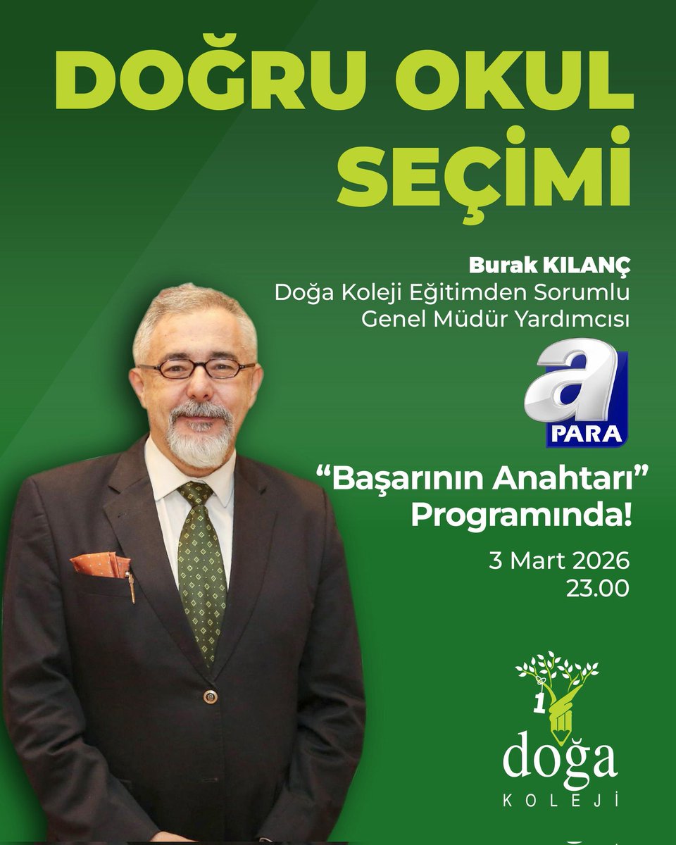 batikentdoga's tweet photo. Eğitimden Sorumlu Genel Müdür Yardımcımız Burak Kılanç, A Para “Başarının Anahtarı” programında "Doğru Okul Seçimi" ile ilgili değerlendirmelerde bulunacak.

📺 @apara
📅 3 Mart Salı
⏰ 23.00

#TürkiyeninDoğası https://t.co/LzRYX8mFWy
