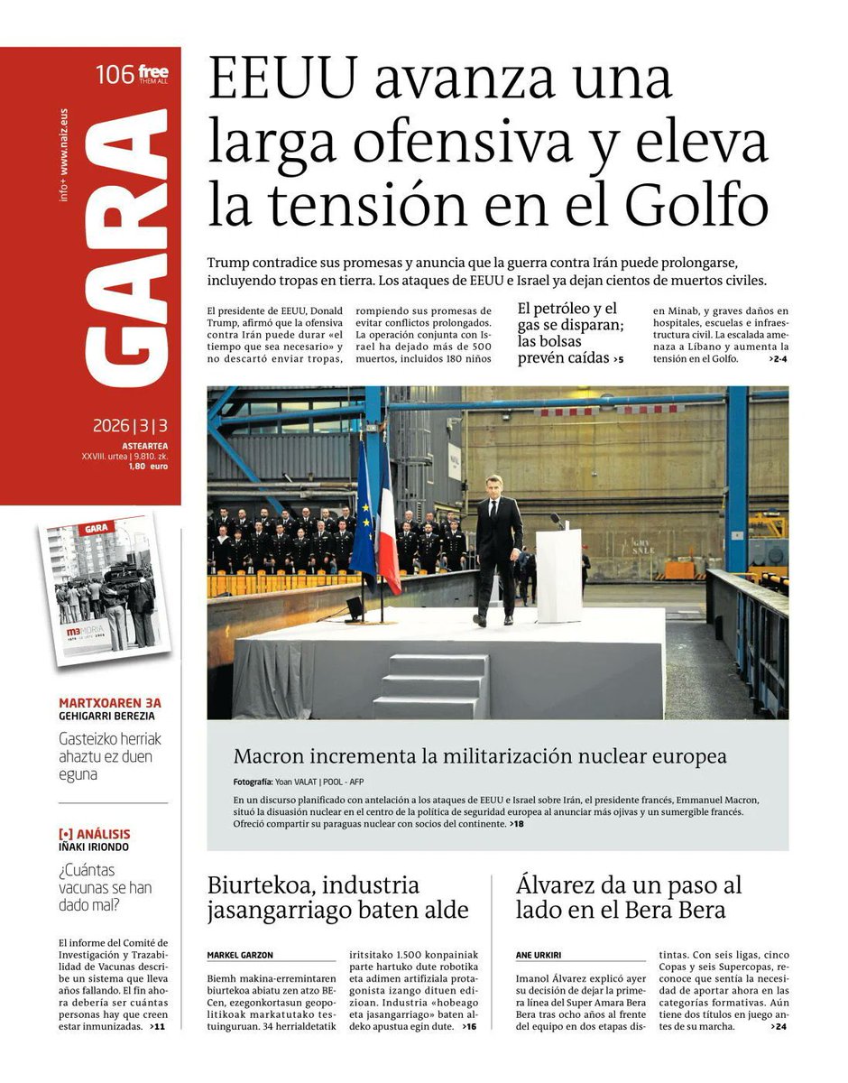 Koldobika's tweet image. Egun on! Buenos días 
Portada de los diarios Berria y Gara de hoy martes 3 de marzo
#3M 
#FreePalestine