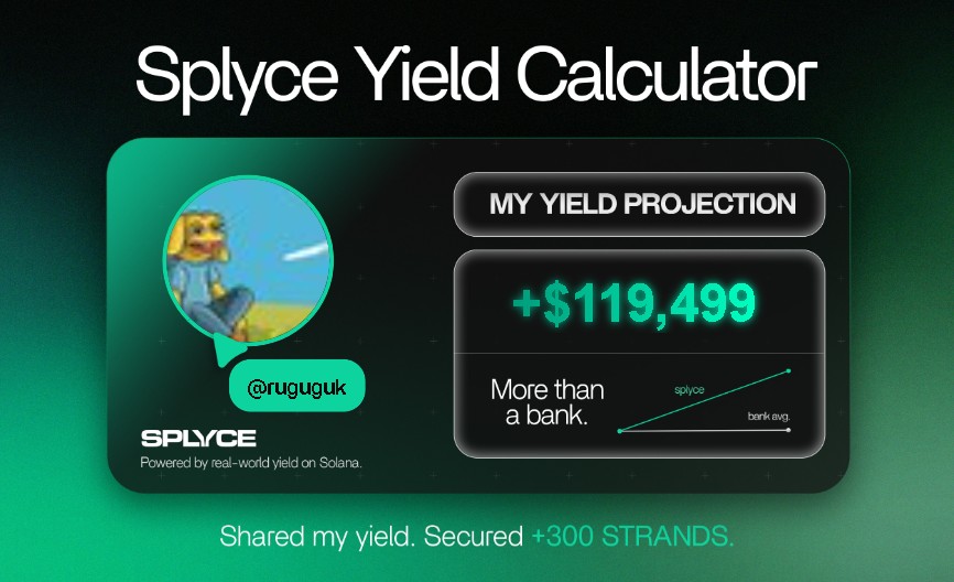 ruguguk's tweet photo. Just tested the real-world yield calculator from @SplyceFi.

My numbers came out +3,612.13% higher than leaving it in a bank.

Check yours: https://t.co/7KIMaFeznv https://t.co/aPsp9oebNn