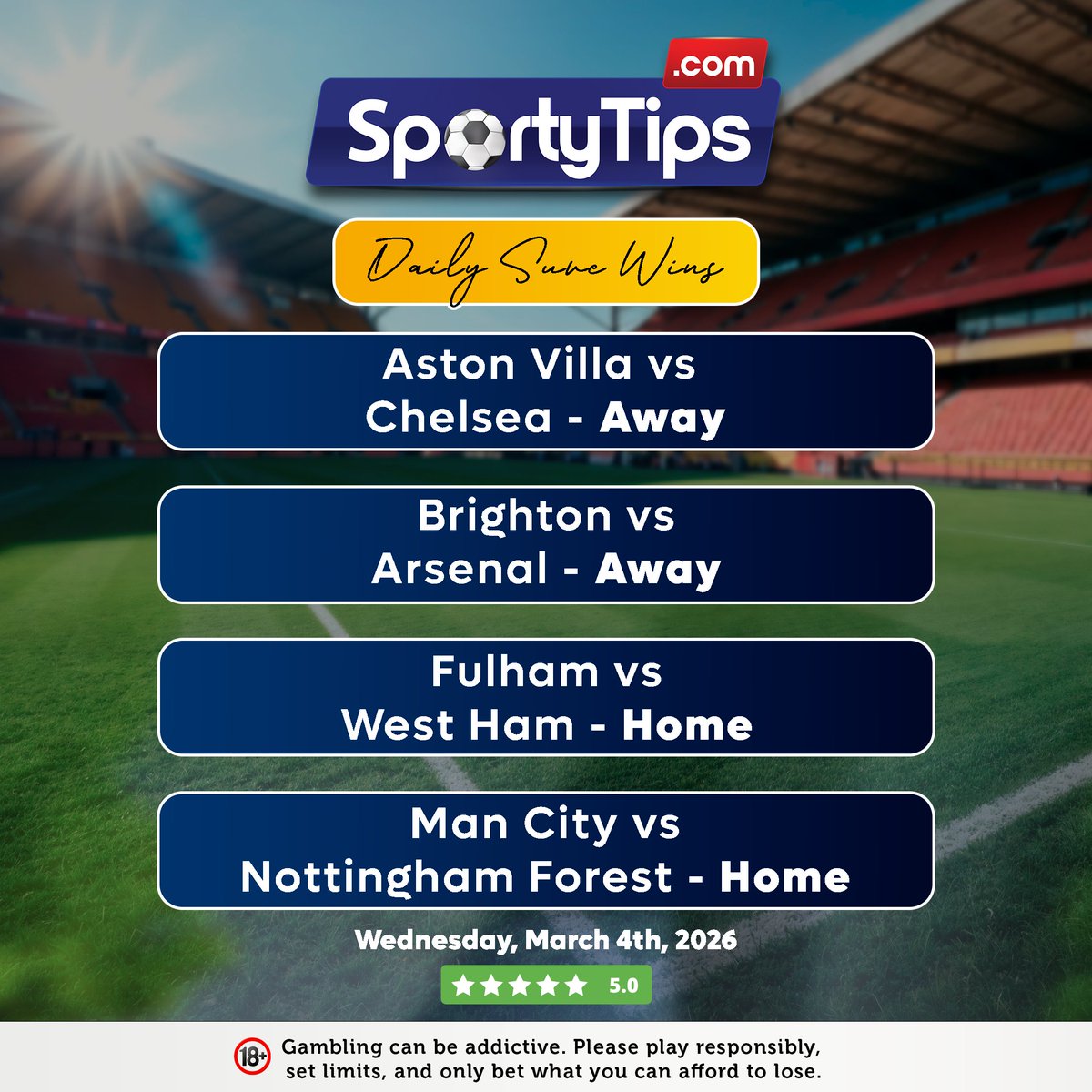 Sporty__Tips's tweet photo. FREE Pick for Today !
Get more Daily Sure Odds in a few easy steps 👇

Pay 50 bob only
Lipa na M-Pesa → Buy Goods
Till Number: 228989
Get odds instantly after payment
🔞 Play Responsibly https://t.co/geXGlHouoK