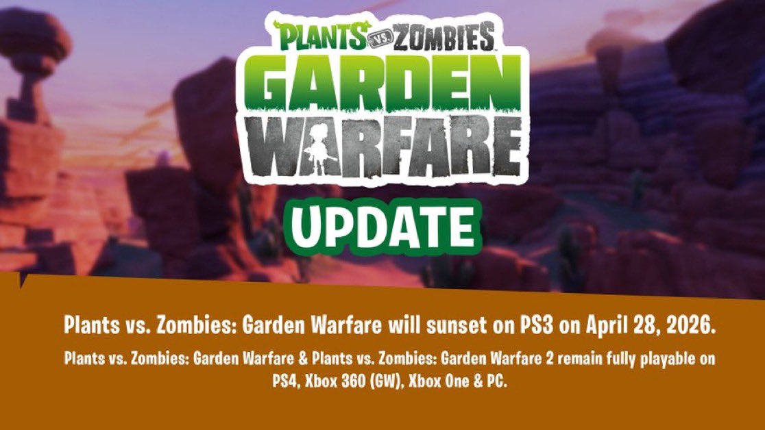 Pirat_Nation's tweet photo. Plants vs. Zombies: Garden Warfare (PS3) online services will shut down on April 28,

Single-player modes will remain playable offline. https://t.co/sx7GyxcEGr