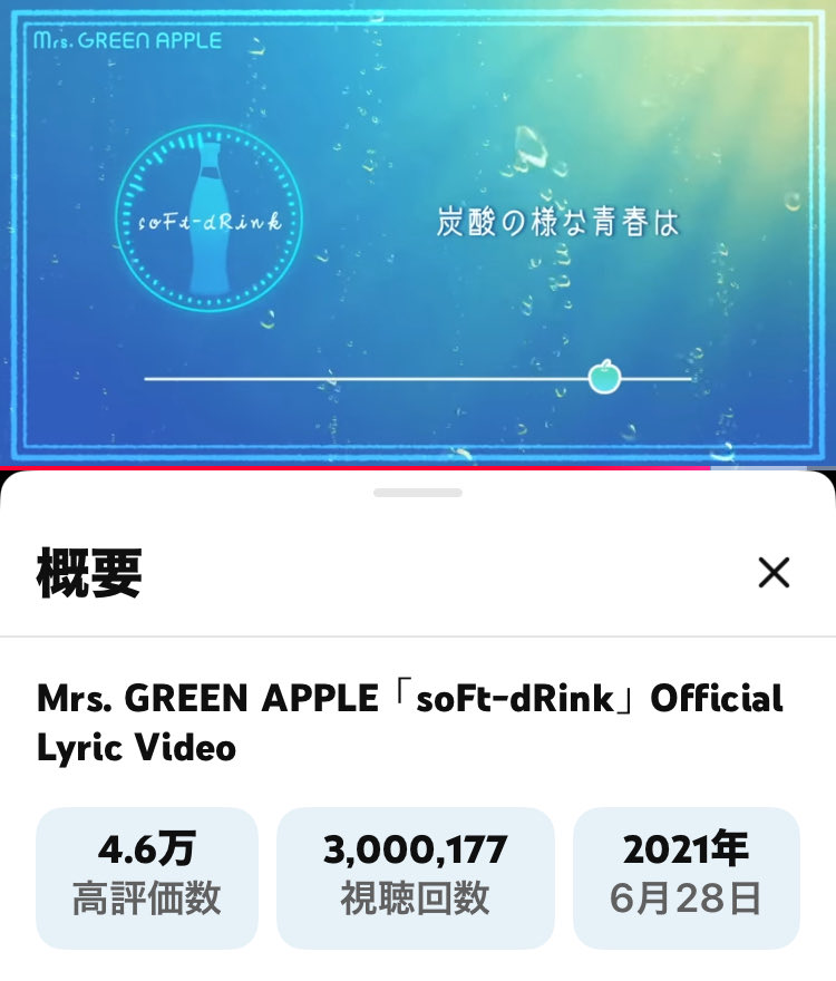 9koeadZwFK14802's tweet image. Mrs. GREEN APPLE「soFt-dRink」Official Lyric Video youtu.be/vt9YVvYFitg?si… @YouTubeより

YouTube再生回数300万回

おめでとうございます🎉

#soFtdRink
#MrsGREENAPPLE