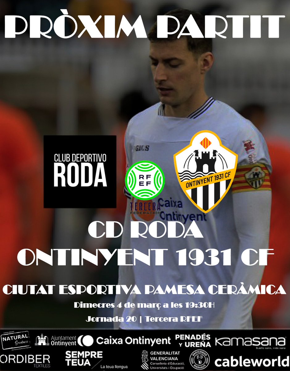 ontinyent1931cf's tweet photo. 📷 #Proximpartit | Demà recuperem el partit ajornat contra el Roda!

⚽ CD Roda - Ontinyent 1931 CF 

⌚ Dimecres 4 de març a les 19:30h

🏟️ Ciutat Esportiva Pamesa Cerámica https://t.co/ZEuFMEmiZa