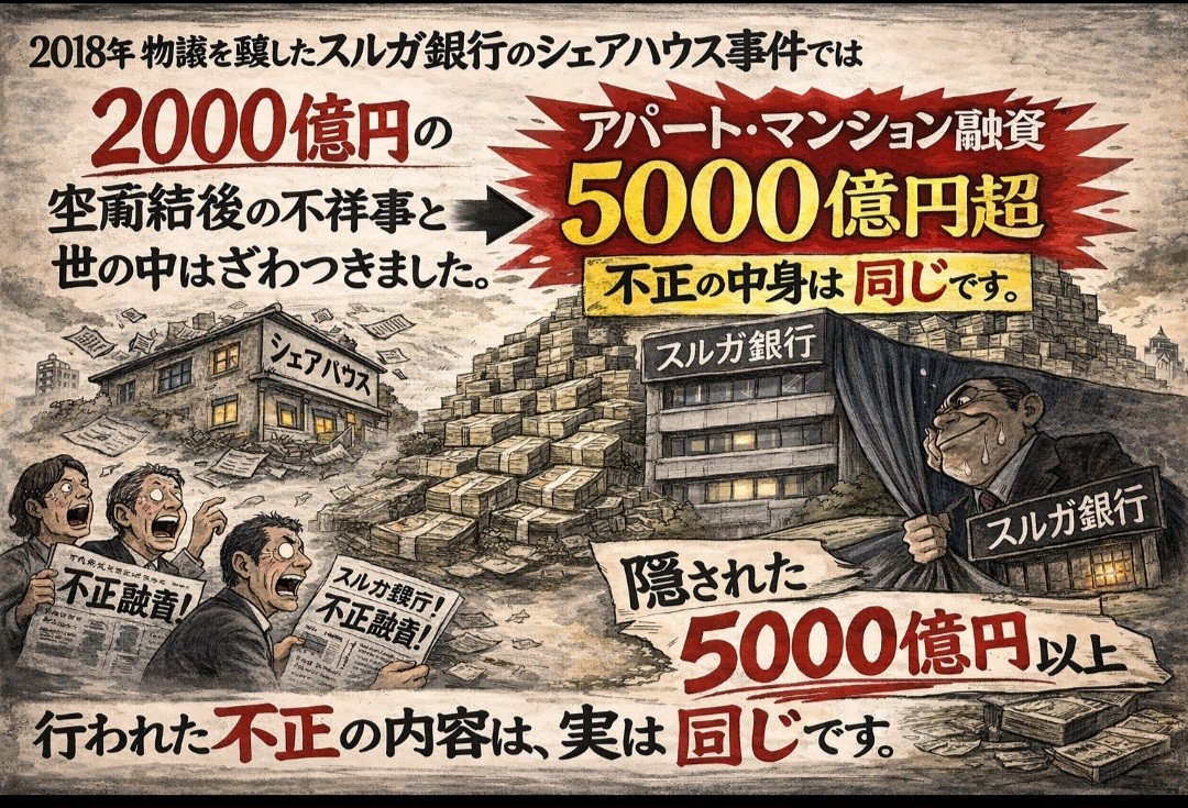 AGORA45469605's tweet photo. スルガ銀行不正融資、と言えば
「シェアハウス・かぼちゃの馬車🎃」事件〜この時の不正融資総額は
約2,000億円😳

そして、忘れちゃいけない〜
「アパート・マンション」事件における不正融資総額は約5,000億円超🤯

シェアハウス事件では、代物弁済で一定の決着がついたものの…

アパ・マン事件は今なお解決できておらず、多くの被害者が苦境に立たされているのです！

スルガ銀行は言います〜
シェアハウス問題とアパ・マン問題は『別物』だから同様の解決はできない

❓どうして『別物』って言えるの❓

（不正融資）騙しの手口は、どちらの場合も、悪名高き【スルガスキーム】なのですよ😡

（投資と詐欺　編集長）村野友哉氏によるスルガ銀行不正融資関連のポストは興味深く、そして鋭い⚔️

シェアハウス事件で世の中がざわついている、その裏側で虎視眈々とスルガ銀行はアパート・マンション不正融資をやり続けてきたのです😱‼️

詳細は👇️をご覧ください🧐
https://t.co/LnReteTtt7