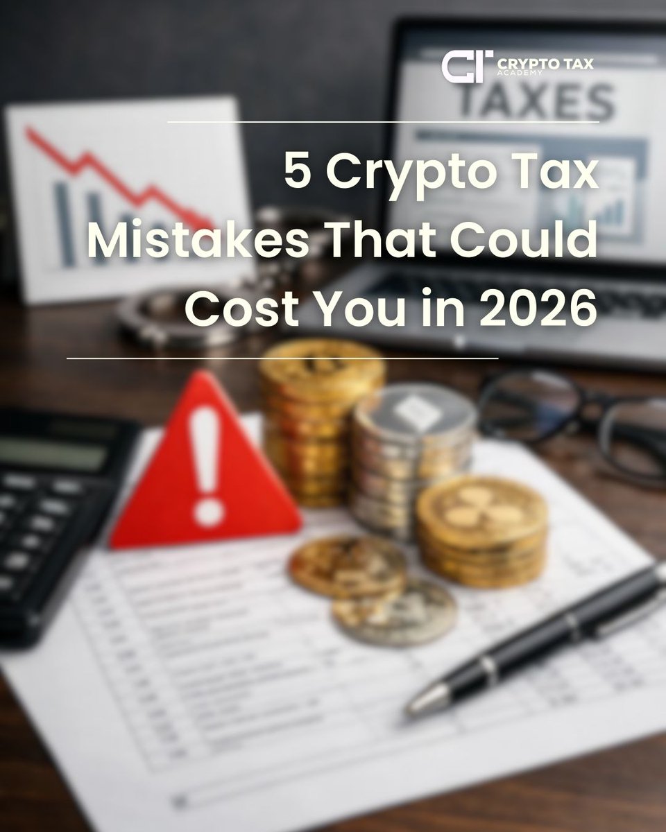 Andrewcta's tweet photo. 5 Crypto Tax Mistakes That Could Cost You in 2026 🚨

Most investors focus on profits, but compliance is where penalties hide.

Here are 5 common crypto tax mistakes to avoid 👇

1️⃣ Ignoring small transactions
Gas fees, micro trades and swaps are still taxable.
2️⃣ Forgetting staking rewards
Usually taxable as income when received.

3️⃣ Misreporting cost basis
Wrong purchase values lead to incorrect gains and losses.
4️⃣ Overlooking DeFi activity
Liquidity pools and yield farming often trigger taxes.

5️⃣ Waiting until filing season
Last-minute math leads to more errors and stress.

Our crypto tax course shows investors how to track, calculate and report correctly before tax pressure hits.

💡 Accuracy compounds. One small mistake today can become a big problem later.

#CryptoTax #CryptoInvesting #DeFi #TaxCompliance #TaxPlanning #Crypto2026