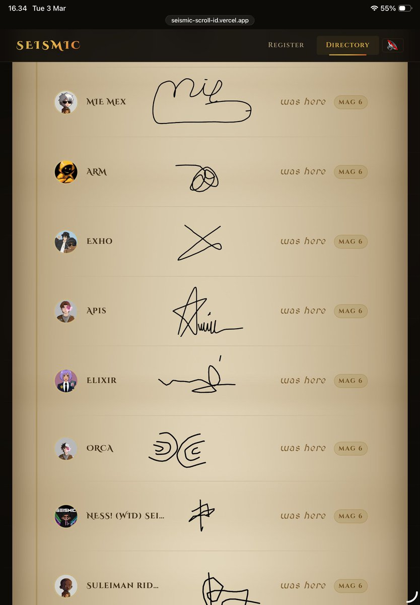 Gmic all 🙌

"Apis" was here.

I just put a sign on amazing website from <a href="/OtfPraise/">Otf_Praise</a>.
This.

This website is cool because it's like doing an attendance list for <a href="/SeismicSys/">Seismic</a>.

If you wanna doing same like me, kindly check his account or seismic-scroll-id.vercel.app