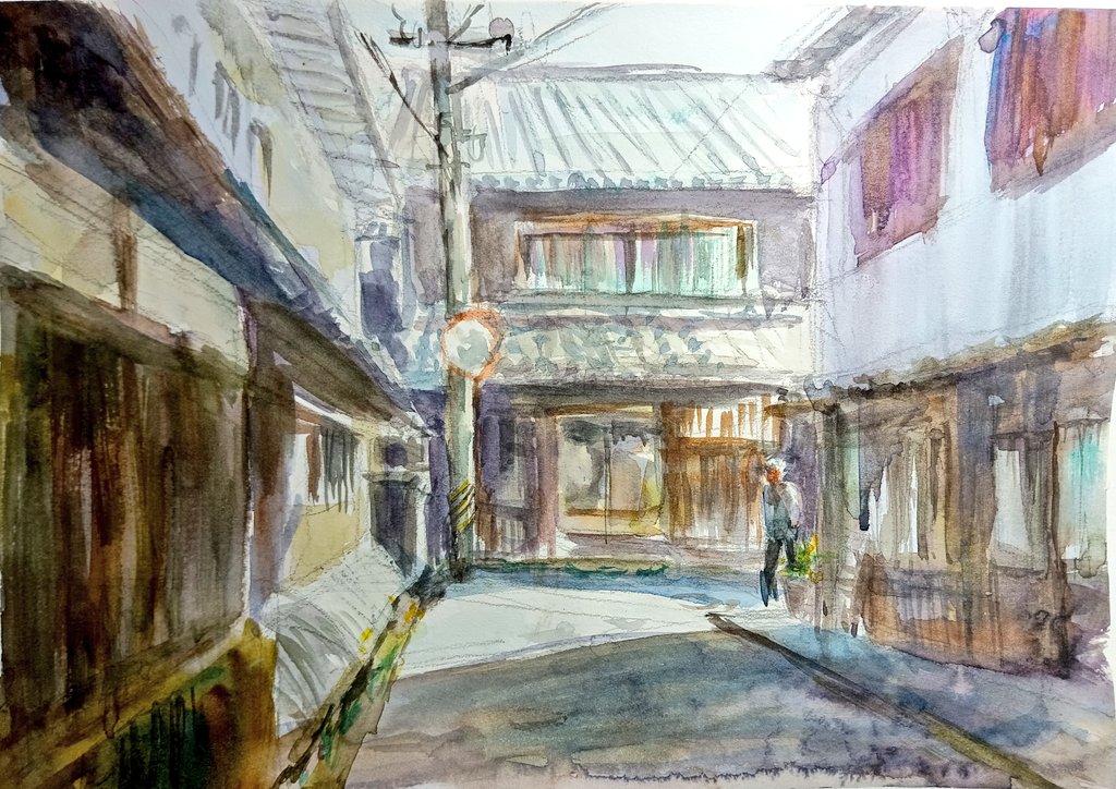 水彩画で広島県三原市の町並み保存地区を描きました。昔ながらの町並み