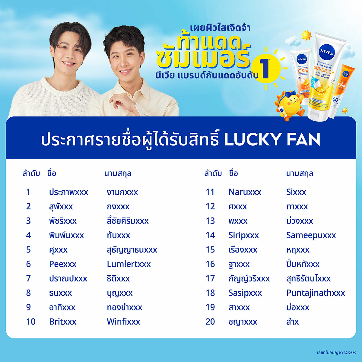 ประการศรายชื่อ Top Spenders และ Lucky Fan ที่ได้เข้าร่วมงาน เผยผิวใสเจิดจ้า ท้าแดดซัมเมอร์ x เฟิร์ส-ข้าวตัง
ในวันที่ 13 มีนาคม 2569  ณ Tribes ยินดีกับทุกคนด้วยน้า แล้วเจอกันวันงานจ้า

หมายเหตุ: ผู้โชคดีต้องยืนยันตัวตนกลับมาทาง LINE Official Account: NIVEA Thailand (@nivea_th)