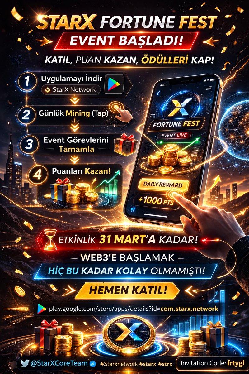 ferityagli's tweet image. 🎉 STARX Fortune Fest Event başladı!

Katılmak çok basit 👇

1️⃣ StarX Network uygulamasını indir
2️⃣ Günlük mining (tap) işlemini yap
3️⃣ Event görevlerini tamamla
4️⃣ Event puanlarını kazanmaya başla