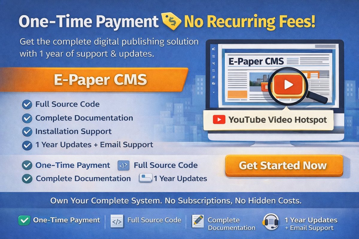 websmartzblog's tweet photo. Turn your PDFs into interactive digital editions 🚀

With E-Paper CMS:
✅ One-time payment (No recurring fees)
✅ Full source code
✅ 1 year updates + support
✅ YouTube Video Hotspots
✅ Google Document AI OCR
Own your complete system today 👇
 https://t.co/ptxSOi8loC
#EPaperCMS https://t.co/GtH9HG9bhp