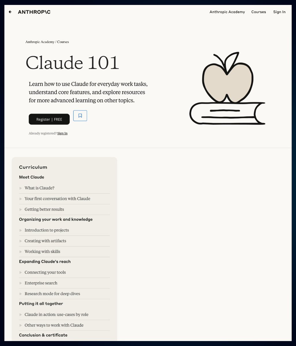 hasantoxr's tweet photo. 1. Claude 101

Learn how to use Claude for everyday or work tasks, understand the main features, and find resources to learn more advanced topics later. https://t.co/jYkGvRWamU