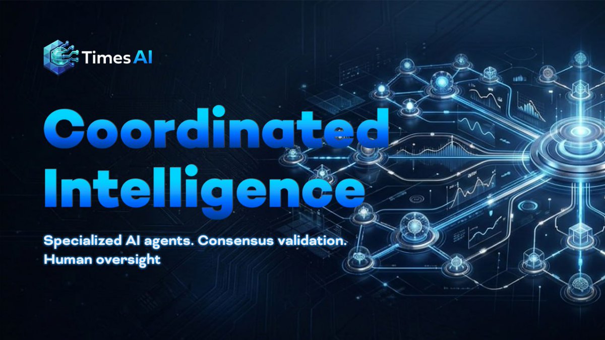 Times_AI_'s tweet photo. TimesAI doesn’t rely on a single model.

We deploy specialized AI agents for relevance, sentiment, market regimes, and risk — with weighted outputs validated through consensus layer.

AI powers the analysis. Human ensures accountability.

AI is a tool, not an authority. https://t.co/3Aat3KViSl