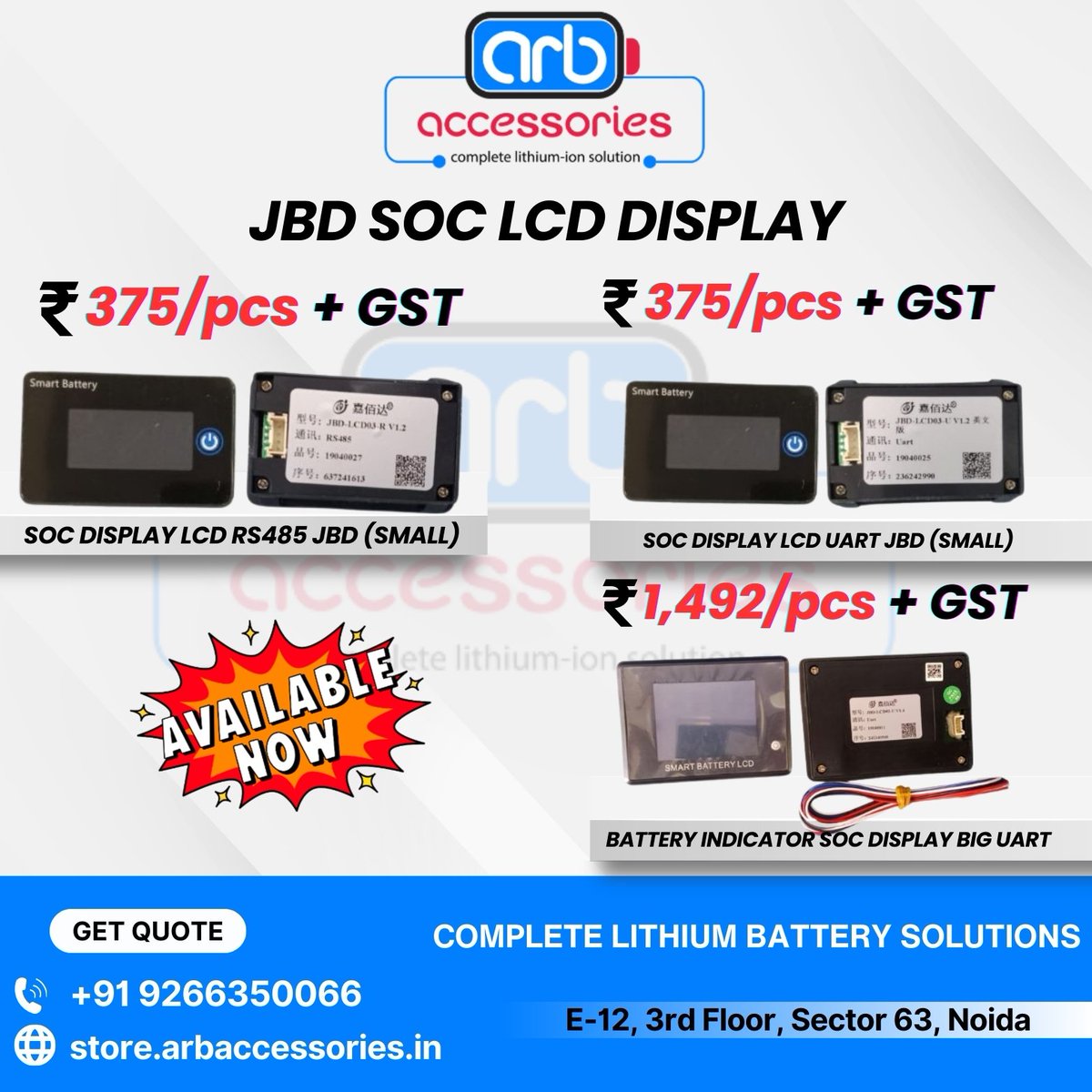 🔋 Battery Indicators &amp; JBD SOC Displays – Monitor Power with Precision

➡ SOC Display LCD RS485 JBD (Small)
➡ SOC Display LCD UART JBD (Small)
➡ Battery Indicator SOC Display Big (UART)

🛒 Available at
🌐 store.arbaccessories.in/category/batte…

#ARBAccessories #BatteryIndicator #SOCDisplay