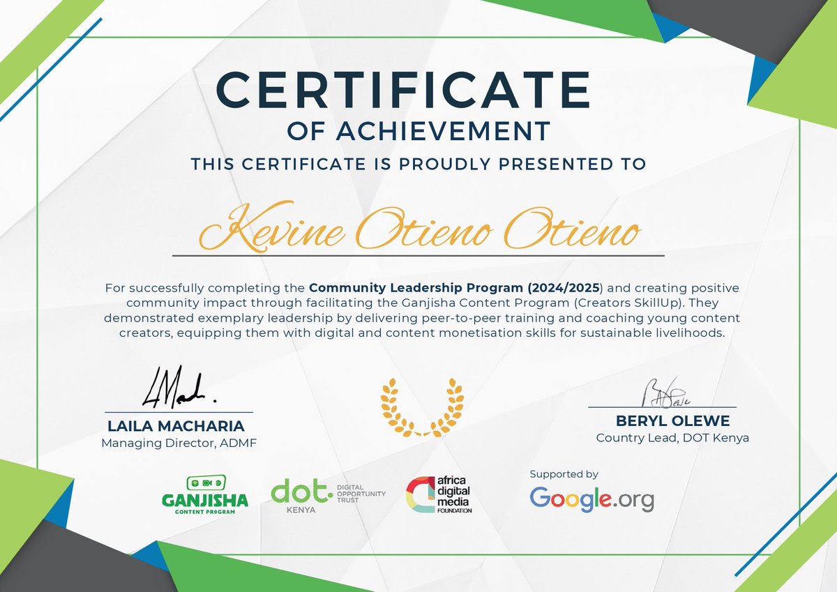 KevineGrado_KE's tweet photo. Honored to receive my Certificate of Achievement for facilitating the Ganjisha Content Program (2024/2025) – Creators SkillUp
Empowered young creators with digital & content monetisation skills for sustainable livelihoods.
@DOTKenya @Google @ADMF
#GanjishaContentProgram #DOTYouth https://t.co/GugCITIBp6