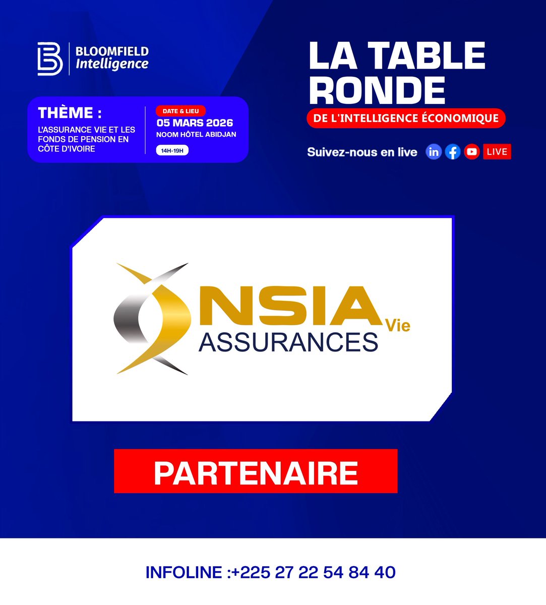 Bloomfield Intelligence fier de collaborer avec NSIA Vie Côte d’Ivoire pour La Table Ronde du 05 mars!
Mme Nadège Seka TOURE (DG NSIA Vie) décryptera les leviers pour transformer l’épargne en investissements productifs.
Noom Hôtel Inscriptions : forms.gle/DvD5qCugvBj4KG…