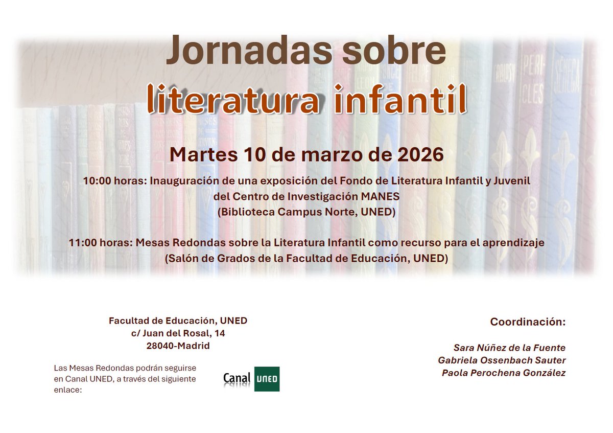 EducacionUNED's tweet photo. 📢El próximo martes 10 de marzo a las 10:00h la Facultad de Educación acogerá las Jornadas sobre literatura infantil 📚 https://t.co/kunr9pnt0B
