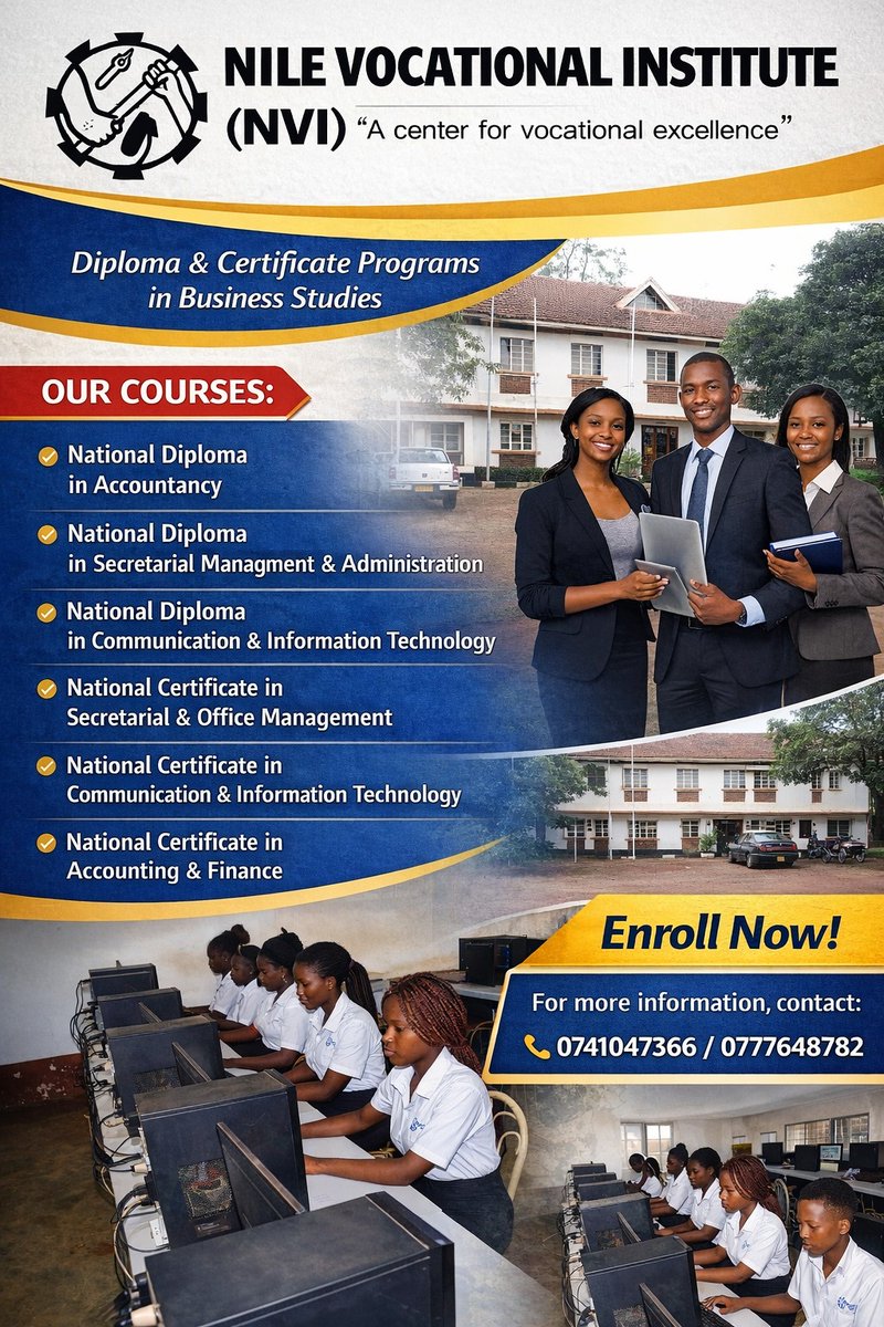 NileVIJ's tweet photo. Study with us at(NVI)!
The Business Section offers both Diploma and Certificate Programs designed to equip you with practical and employable skills.

For more details call: 0741047366/ 0777648782
#NVI #BusinessStudies #DiplomaPrograms #CertificatePrograms #SkillingForSelfReliance https://t.co/Zb8FtQN3SS