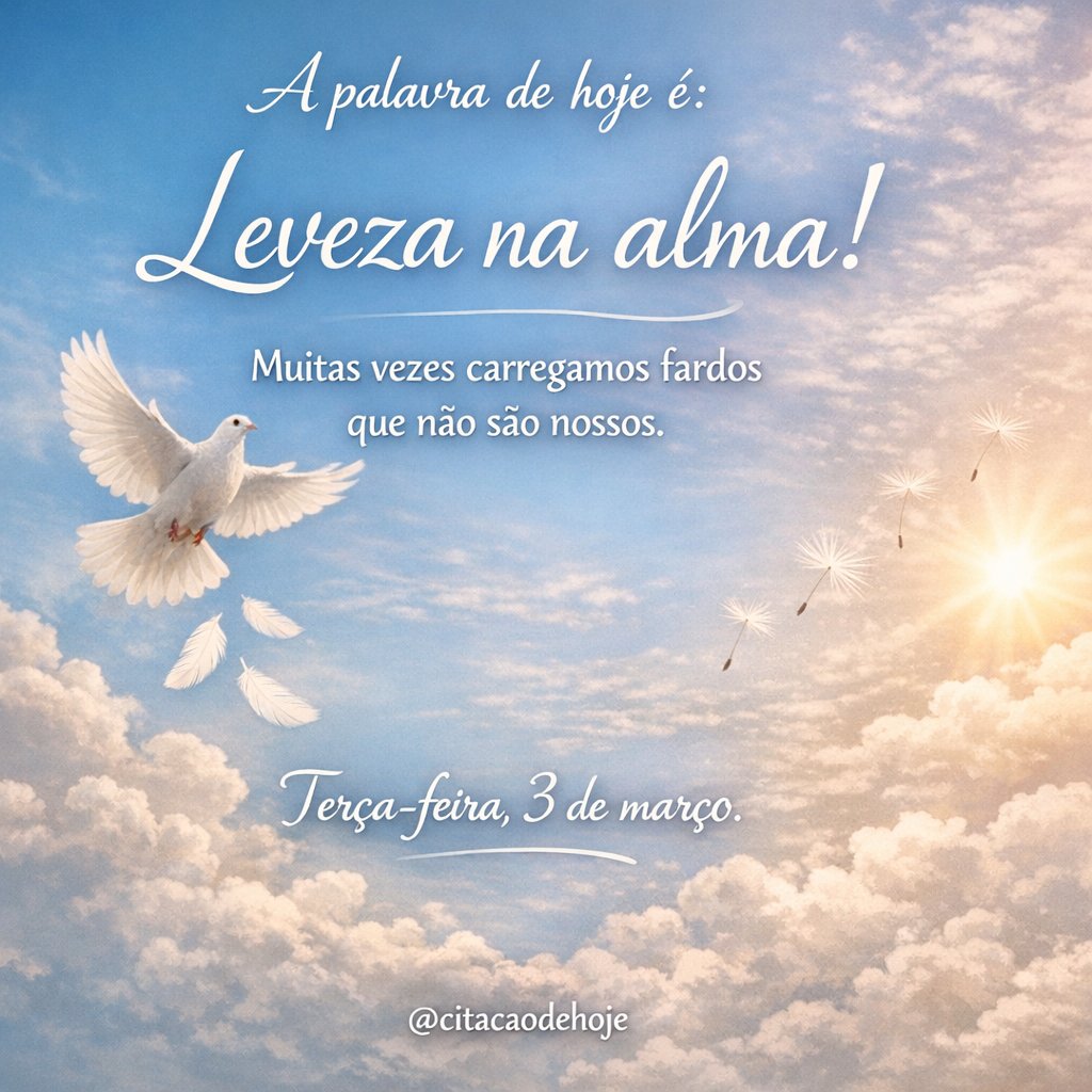 citacaodehoje's tweet photo. "A palavra de hoje é: Leveza na alma! Muitas vezes carregamos fardos que não são nossos. Terça-feira, 3 de março. 🤍 #leveza #fé #entrega" https://t.co/2TFb2pcx8N