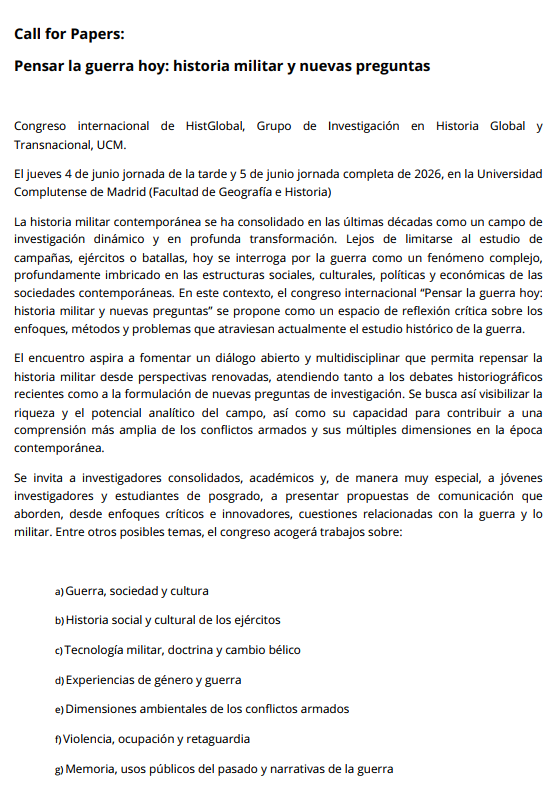 otrosmundos2's tweet photo. Call for papers: Pensar la guerra hoy: historia militar y nuevas preguntas (4-5, junio 2026).
¡Os invitamos a participar! https://t.co/dV7TuTNiOj