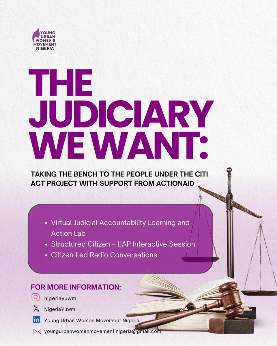 NigeriaYuwm's tweet photo. The Judiciary We Want:Taking the Bench to the People ⚖️
Under the Citi Act Project,we’re strengthening judicial accountability through:
• Virtual Learning &amp; Action Labs
• Citizen–IJAP Interactive Sessions
• Citizen-Led Radio Conversation
#JudicialAccountability #CitiActProject https://t.co/MttJ7Cf7He