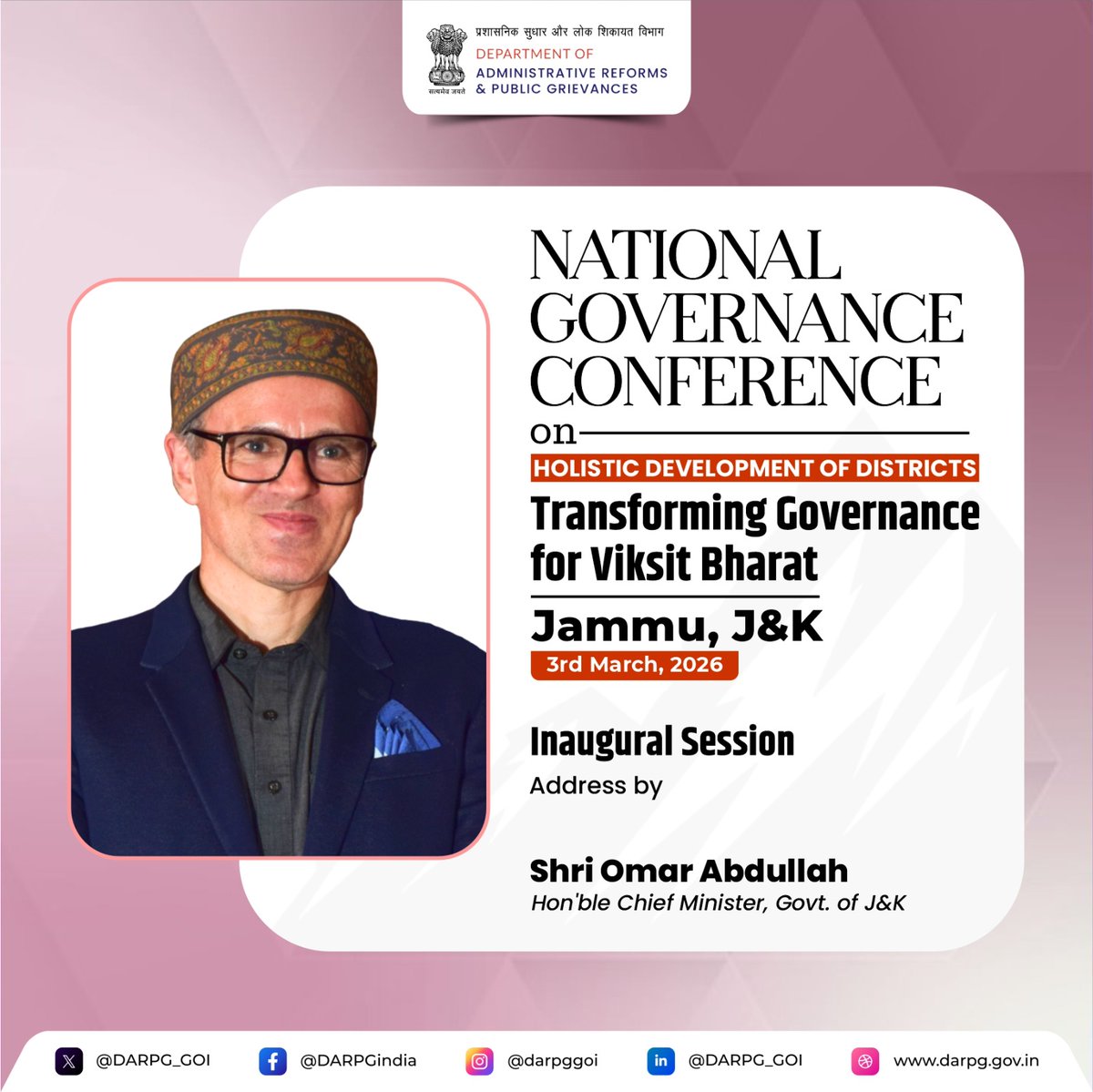 DARPG_GoI's tweet photo. Hon’ble Chief Minister of Jammu & Kashmir, Shri Omar Abdullah, addressed the National Governance Conference on Holistic Development of Districts- Transforming Governance for Viksit Bharat in Jammu, J&K.  

In his address, he highlighted the holistic development of districts, public service delivery mechanisms, administrative responsiveness and good governance practices across nation. He mentioned use of e-Office and technology adoption for better governance. 

#DARPG #GoodGovernance #HolisticDevelopment #NationalConference
