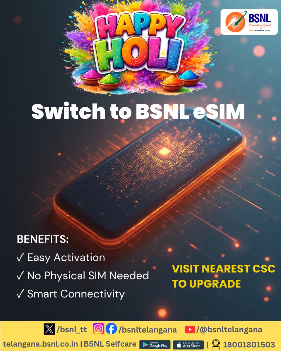 bsnl_tt's tweet photo. 🎨🌸 BSNL Wishes You All a Very Happy Holi! 🌸🎨

Celebrate colors with smarter connectivity!

Switch to BSNL E-SIM today and enjoy:
✅ Easy Activation
✅ No Physical SIM Needed
✅ Smart &amp; Seamless Connectivity

Visit your nearest BSNL CSC to upgrade now.

#HappyHoli #BSNL #ESIM https://t.co/uMAVvaeuTT