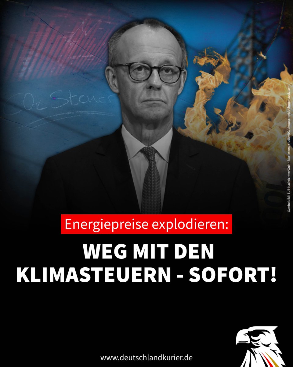 Deu_Kurier's tweet photo. Energiepreise explodieren: WEG MIT DEN KLIMASTEUERN – SOFORT!

Wenige Tage vor zwei wichtigen Wahlen versucht sich Bundeskanzler Friedrich Merz (CDU) mit einem Blitzbesuch bei US-Präsident Donald Trump als großer Krisen-Zampano zu inszenieren. Denn der Krieg im Nahen Osten und in der Folge die explodierenden Energiepreise überschatten auch die Kommunalwahl in Bayern und die Landtagswahl in Baden-Württemberg am 8.März. Statt große Reden in Washington zu schwingen, hätte Merz vielleicht in dieser Woche vor dem Deutschen Bundestag die Aussetzung der aberwitzigen Klima- und Energiesteuern verkünden können, um Autofahrer, Haushalte und Wirtschaft zu entlasten!

Der Deutschland-Kurier fordert: STOPPT ALLE KLIMA- UND ÖKOSTEUERN, SOFORT! Sie wirken jetzt in der neuen Weltkrise wie Brandbeschleuniger.

Nur mal so zur Erinnerung: CDU und CSU haben die Einführung des nationalen CO₂-Preises (Klimasteuer) in der Merkel-Koalition mit der SPD 2019/2020 aktiv mitbeschlossen. Die Regelungen, die 2021 in Kraft traten, wurden im Deutschen Bundestag mit den Stimmen der Union angenommen. Jetzt, da die Energiepreise durch den Nahost-Krieg völlig außer Kontrolle geraten, sind die Klimasteuern der sprichwörtliche Tropfen, der das (Öl-) Fass zum Überlaufen bringt.

BENZIN/DIESEL

▶ Die reine CO₂-Abgabe (Klimasteuer) macht aktuell bei einem Preis von 55–65 €/t CO₂ einen Anteil von ca. drei Cent pro Liter Benzin/Diesel aus. Rechnet man die CO₂-Bepreisung (inkl. darauf anfallender MwSt.) ein, addieren sich die reinen „Klimakosten“ auf knapp 20 Cent pro Liter. Zusammen mit der Energiesteuer (ca. 47–65 Cent) und 19 Prozent Mehrwertsteuer liegt der gesamte Steueranteil am Spritpreis bei rund 60 Prozent!

GASPREIS

▶ 2026 beträgt der Anteil der CO₂-Klimasteuer am Gaspreis in Deutschland ca. 1,4 bis 1,55 Cent pro Kilowattstunde (kWh) inkl. 19 Prozent Mehrwertsteuer. Bei einem typischen Gaspreis vor Ausbruch des Nahost-Krieges von über 10 Cent/kWh entspricht dies etwa 10-15 Prozent des gesamten Verbrauchspreises. Ein Haushalt mit 20.000 kWh Jahresverbrauch zahlt im laufenden Jahr rund 300 Euro (brutto) zusätzlich allein durch den CO₂-Preis!

HEIZÖL

▶ Der Anteil der CO₂-Klimasteuer am Heizölpreis steigt in diesem Jahr auf ca. 20,7 Cent pro Liter (inkl. MwSt.). Bei einem Ölpreis von z. B. 100 €/100l macht der CO₂-Preis 2026 somit etwa 20 Prozent des Preises aus. Hinzu kommen die reguläre Mineralölsteuer und Mehrwertsteuer.

FAZIT: Der Staat verdient über die Mehrwertsteuer sogar noch an den explodierenden Energie-Preisen!
