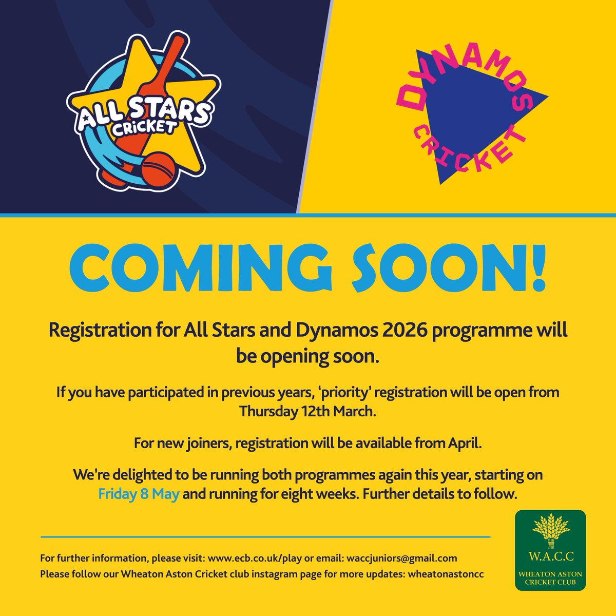 WheatonAstonCC's tweet photo. 🚨 ALL STARS AND DYNAMOS SESSIONS RETURN IN MAY🚨

🗓️ Priority registration opens on Thursday 12th March https://t.co/tKVDPugnkd