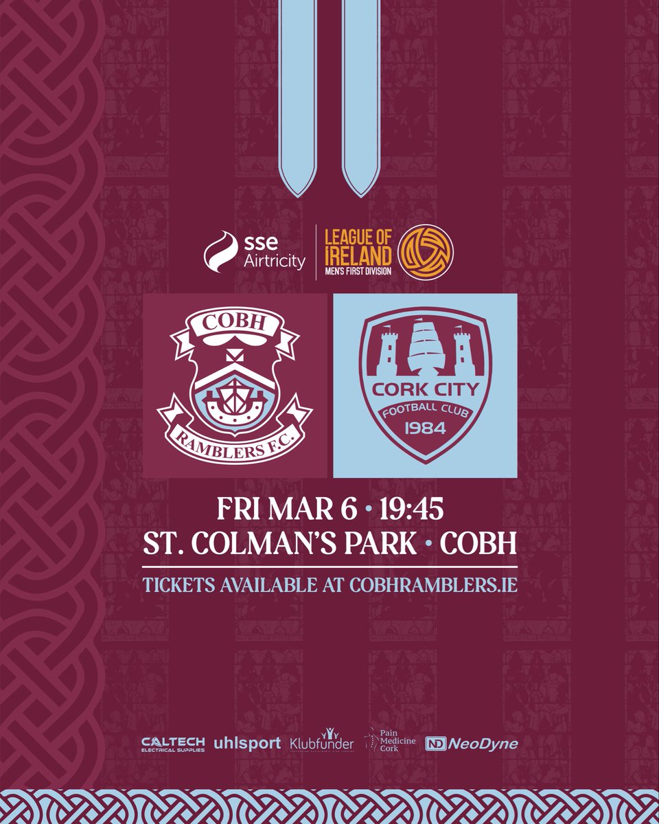 CobhRamblersFC's tweet photo. NEXT UP: it’s the first Cork derby of the season as we welcome our neighbours Cork City to St. Colman’s Park.

Tickets are available now via the link in our bio!

Admission to the game will be by pre-purchased ticket only and the game is likely to sell out so make sure you buy online today to support the lads!

#UpTheRams