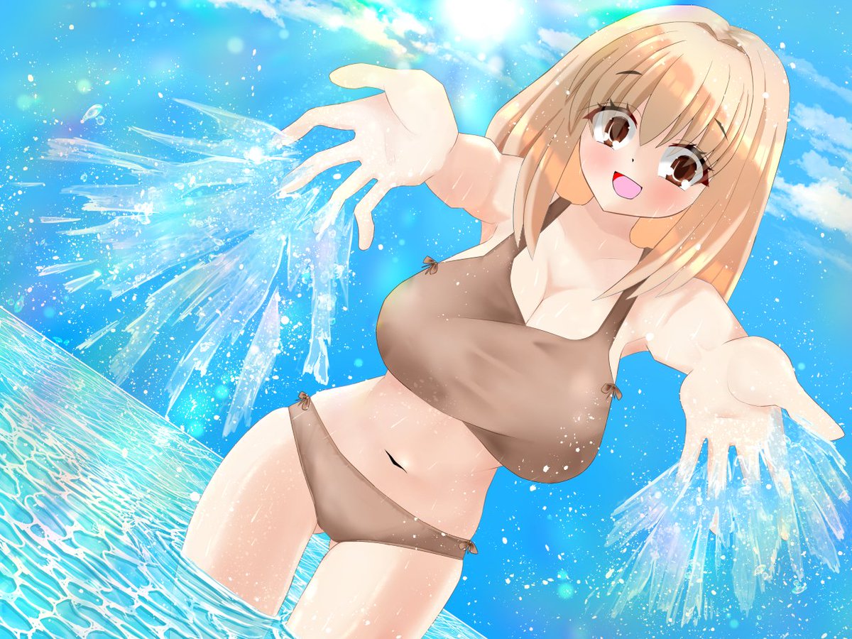 #oc #一次創作 #イラスト 
#絵柄好みって人にフォローされたい 
イラストの再掲。
海で水を描けてくる女の子😆 