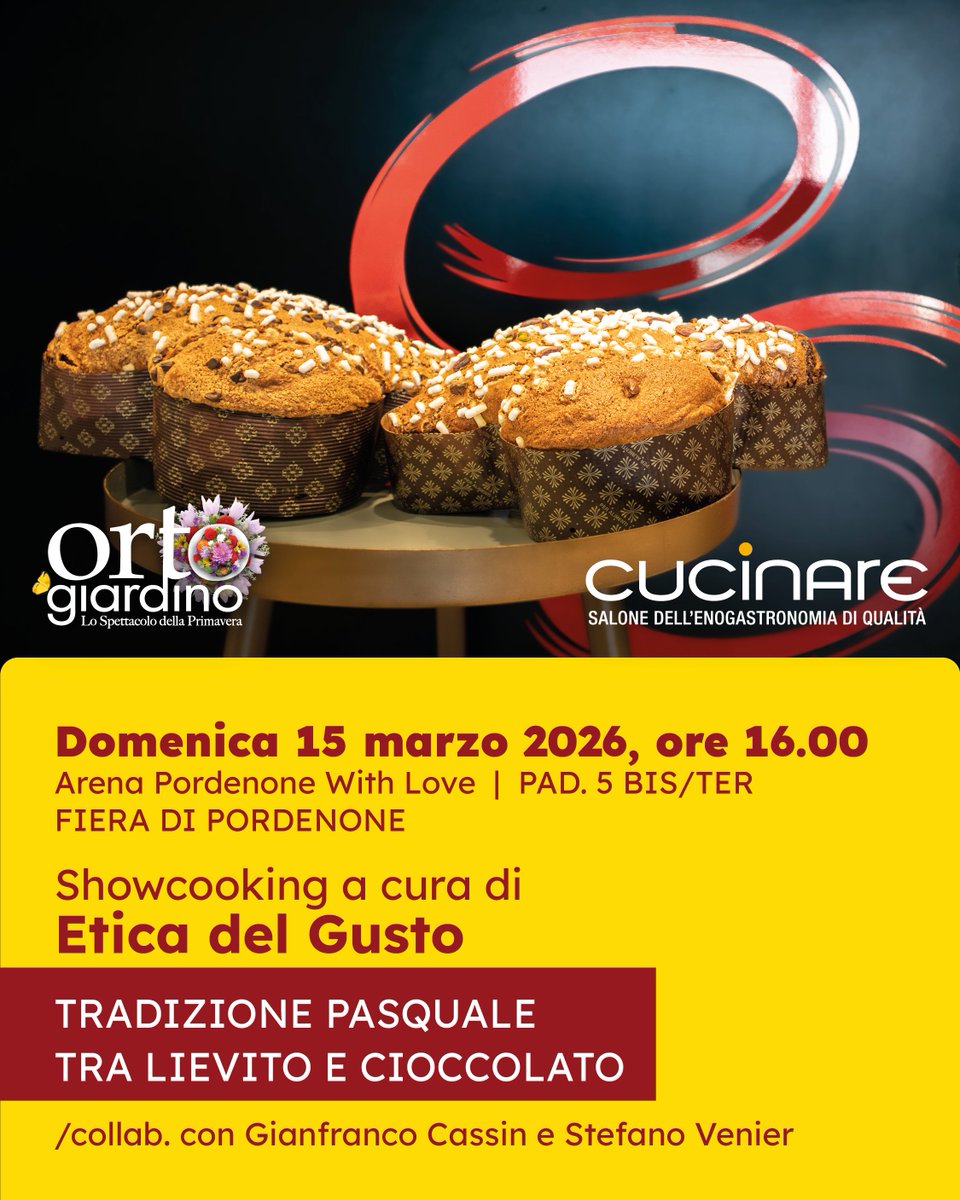 Doppio appuntamento con Etica del Gusto✨

🍞L’arte del lievito: dalla Gubana alla Colomba Pasquale
🔗tinyurl.com/4ez86bn2

🍫Tradizione pasquale tra lievito e cioccolato
🔗tinyurl.com/mrhdu5t4

🍽️Entrambi gli eventi gratis, con biglietto Fiera!