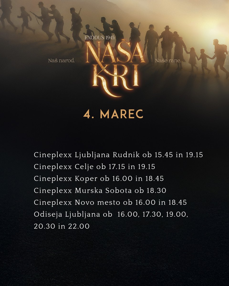 siposh's tweet photo. Si še niste ogledali našega novega filma Exodus 1945: Naša kri? Poiščite kino v svoji bližini in si zagotovite vstopnice zdaj! https://t.co/cpZZEDuj2F
.
.
#Exodus1945 #Našakri #vkinu https://t.co/XSzuaTOWDg