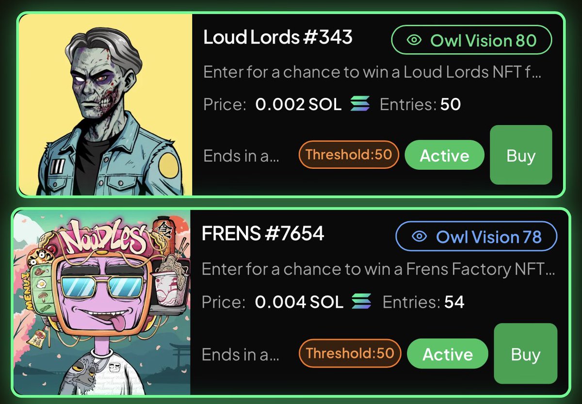 <a href="/LoudLordsNFT/">Loud Lords</a> and <a href="/Frens_Factory/">Frens Factory</a>  raffles ending today, grab your tickets now!

🔗 owltopia.xyz