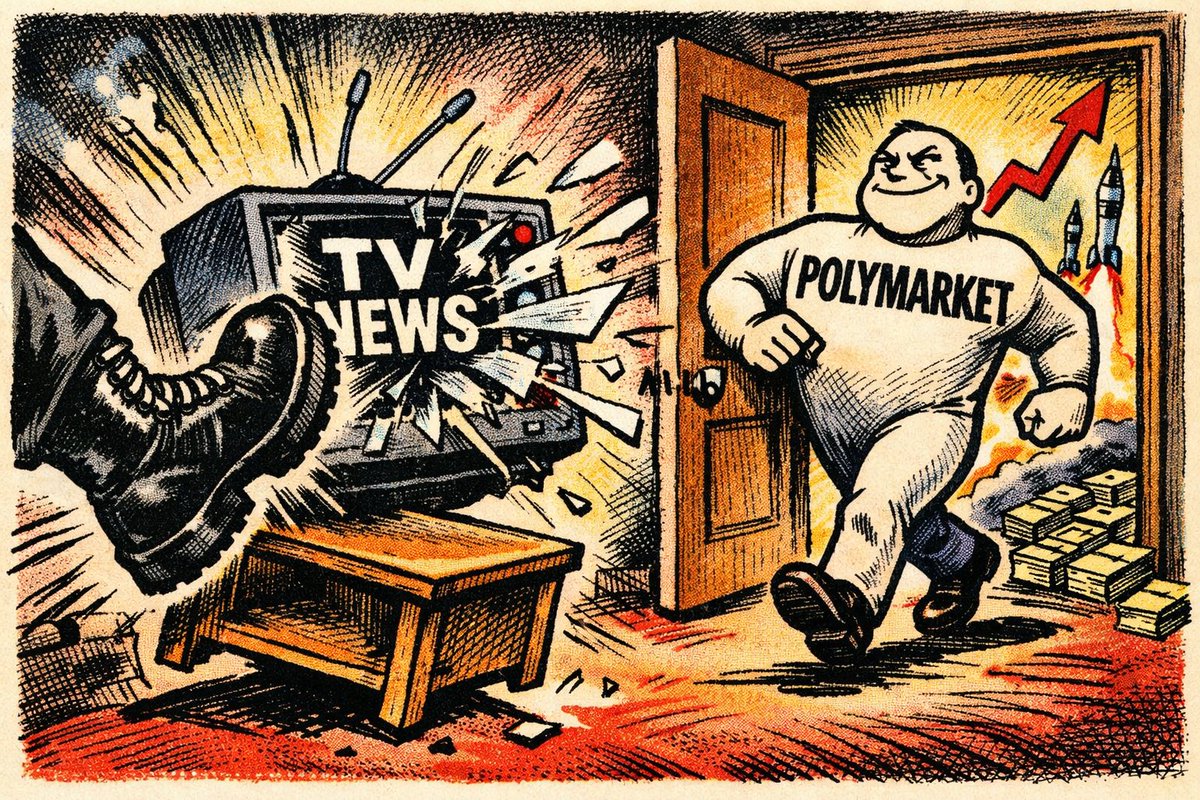 Want to know when the next war kicks off?  
Skip CNN. Check Polymarket instead.  

Khamenei out as Supreme Leader by March 31?  
1% → 100% in hours.  
~90M volume on that market alone.  
Iran strikes total: 529M+. Record.  

Six February wallets nailed Feb 28 strike → +1.2M