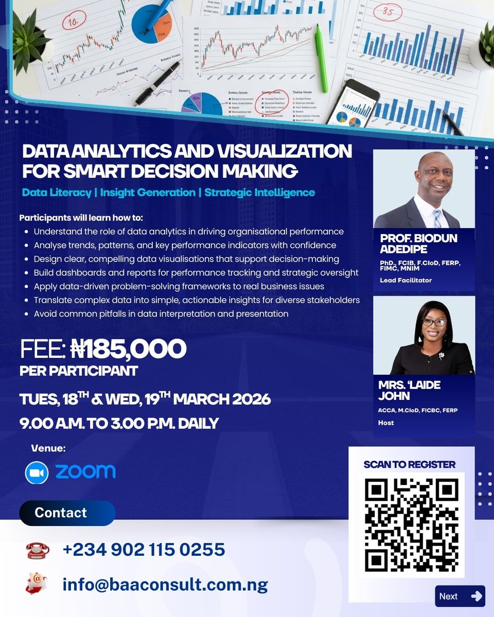 BAAConsult's tweet photo. Data Analytics &amp; Visualization for Smart Decision Making

Turn data into clear, decision-ready insight.

🗓 18–19 March 2026
⏰ 9AM–3PM (Daily)
📍 Zoom
💳 ₦185,000 https://t.co/D06cSkqzY3