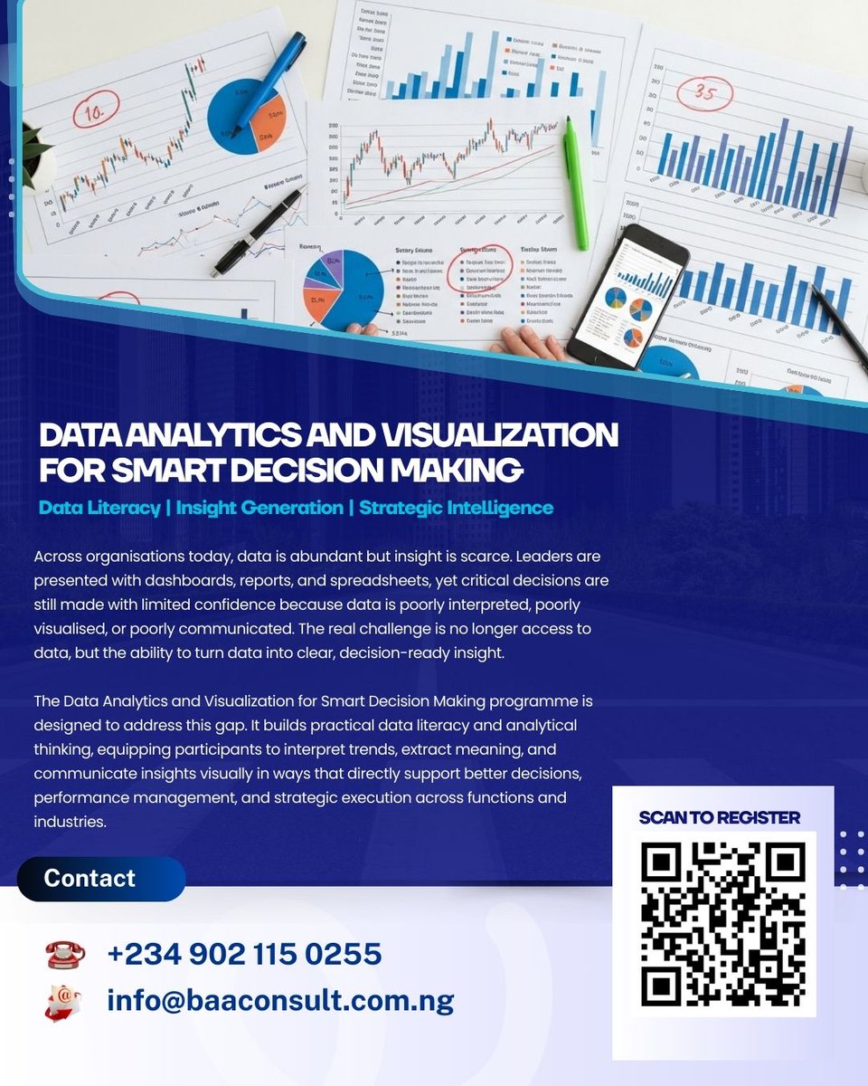 BAAConsult's tweet photo. Data Analytics &amp; Visualization for Smart Decision Making

Turn data into clear, decision-ready insight.

🗓 18–19 March 2026
⏰ 9AM–3PM (Daily)
📍 Zoom
💳 ₦185,000 https://t.co/D06cSkqzY3