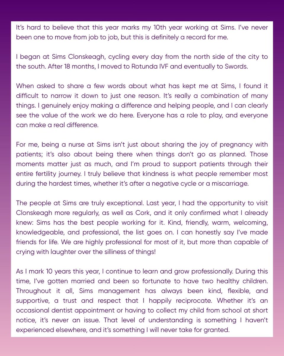 simsivf's tweet image. Staff Appreciation. 🙌

Today we are celebrating Clara McKeown, Fertility Nurse Manager at Sims IVF Swords, who marks an incredible decade with the team in 2026.💜

Clara, thank you for the difference you make every single day.🙌

#simsivf