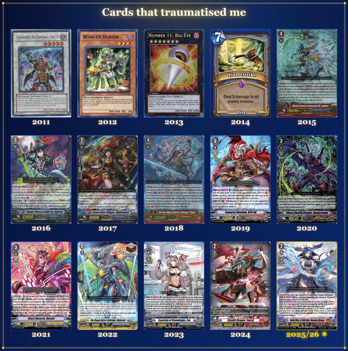 Now to do the cards that gave me trauma over the years. I didn't start VG til 2015 but was playing other YGO/HS before.