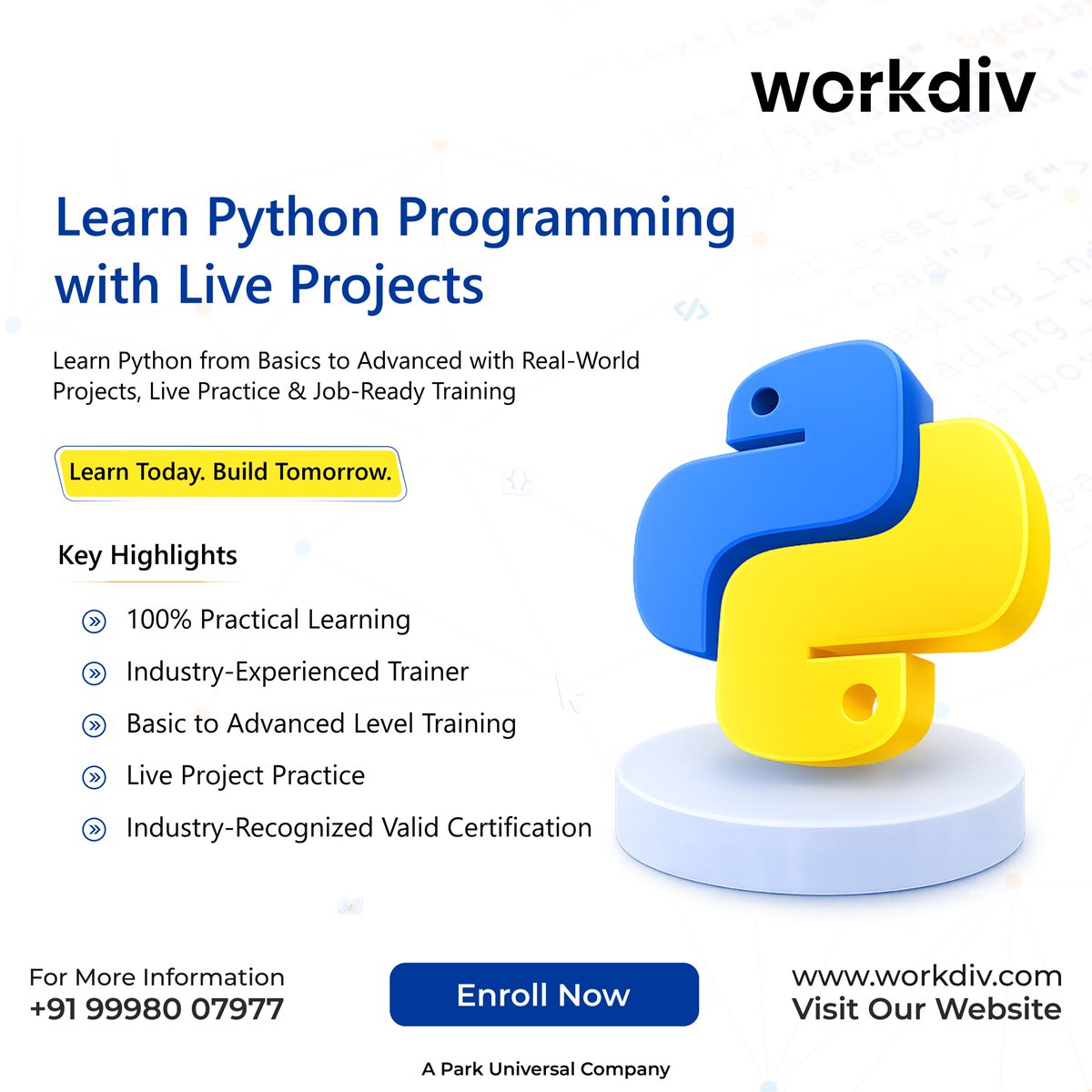 workdiv's tweet photo. The gap between "knowing Python" and "getting hired" is a Live Project. 🛠️

Workdiv bridges that gap with 100% practical training and industry-recognized certification. From basics to advanced, we get you job-ready.

Learn Today. Build Tomorrow.

#Python #CareerHacks #Workdiv https://t.co/dSftBkoKdD