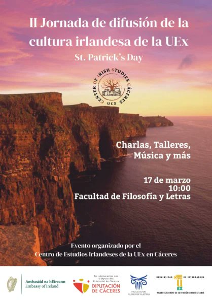 infouex's tweet photo. 🍀La #UEx celebra la II Jornada de Divulgación de la Cultura Irlandesa con motivo de San Patricio

📅17 de marzo @FylUex  @CIrish_Caceres 

✅Programa académico y cultural con talleres, música tradicional y una conferencia sobre Oscar Wilde

✅https://t.co/yuULXGfZLP https://t.co/PxArQAdZvo