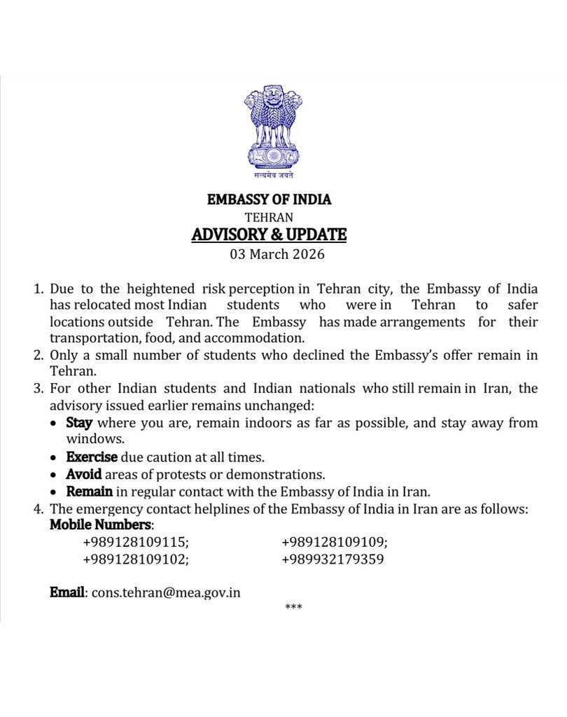 ddnews_guwahati's tweet image. #Advisory |  #International #Tehran
 Due to the heightened risk perception in Tehran , Indian Embassy has relocated most Indian students to safer locations outside #Tehran

@MEAIndia @India_in_Iran #MiddleEastCrisis #IranIsraelConflict #USIranTensions #Iran #Khamenei