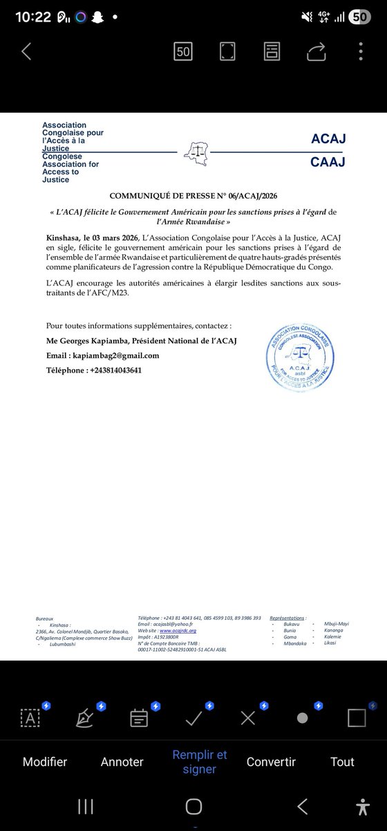 acprdcongo's tweet photo. #RDC: l’Association congolaise pour l’accès à la justice (#ACAJ) a félicité le gouvernement américain pour les sanctions prises à l’égard de l’armée rwandaise et de quatre de ses hauts gradés, présentés comme planificateurs de l’agression contre la République démocratique du Congo (RDC), selon un communiqué consulté mardi.

« L’ACAJ félicite le Gouvernement Américain pour les sanctions prises à l’égard de l’Armée Rwandaise », a indiqué l’organisation.

Dans ce communiqué, l’ACAJ « encourage les autorités américaines à élargir lesdites sanctions aux sous-traitants de l’AFC/M23 ».

Découvrez d'autres informations sur notre site web https://t.co/tGEWJ2Bgzn