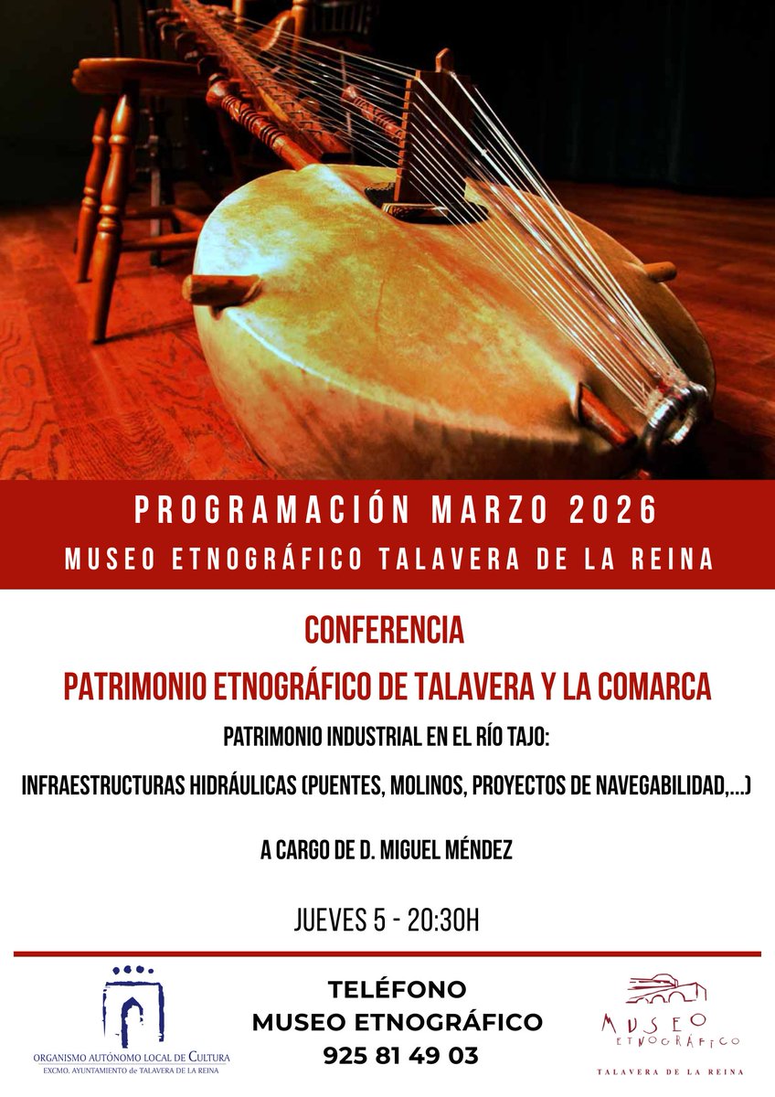 AGENDA MENSUAL 🗓️
El jueves 5 a las 20:30h se celebrará la conferencia "Patrimonio industrial en el río Tajo: Infraestructuras hidráulicas (Puentes, molinos, proyectos de navegabilidad, ..." a cargo de: D. Miguel Méndez. ¡Les esperamos!