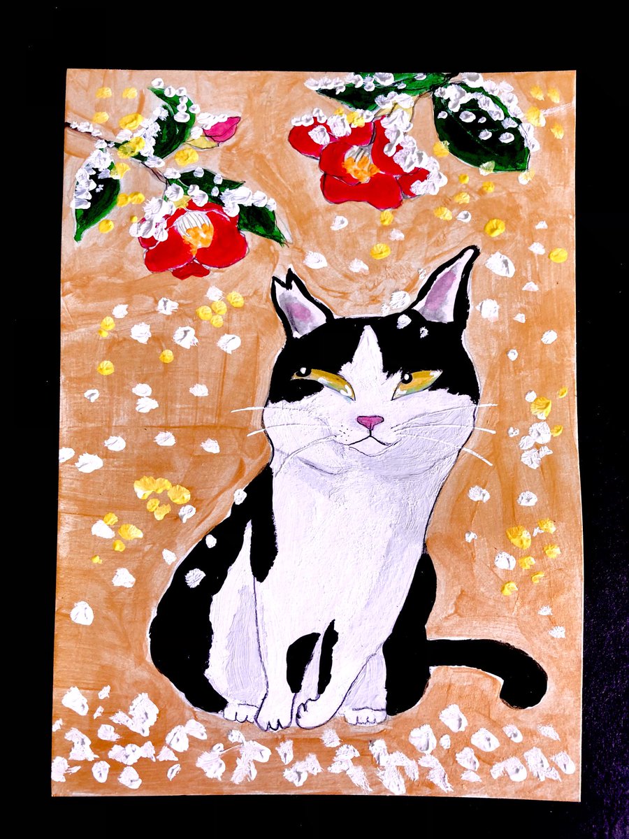続 寒椿」 ＃猫絵 ＃猫イラスト ＃猫好きさんと繋がりたい ＃絵描き