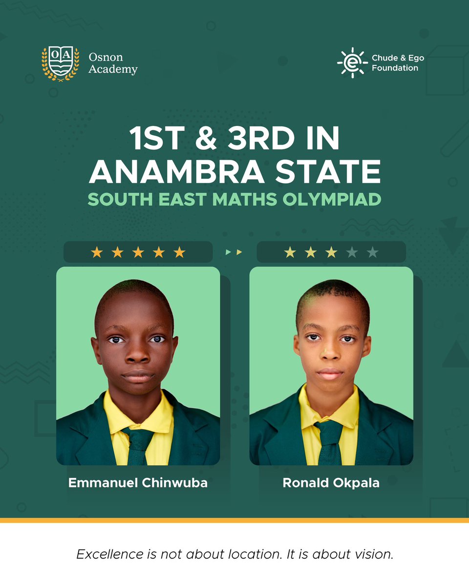 Osnon_Academy's tweet photo. Excellence has a new address. 💚✨

We are proud to celebrate our Year 9 stars, Emmanuel Chinwuba and Ronald Okpala, who emerged 1st and 3rd in Anambra State at the South East Maths Olympiad.

Emmanuel secured an outstanding 117/120, while Ronald followed closely with 112/120. https://t.co/l1pHTlXyTc