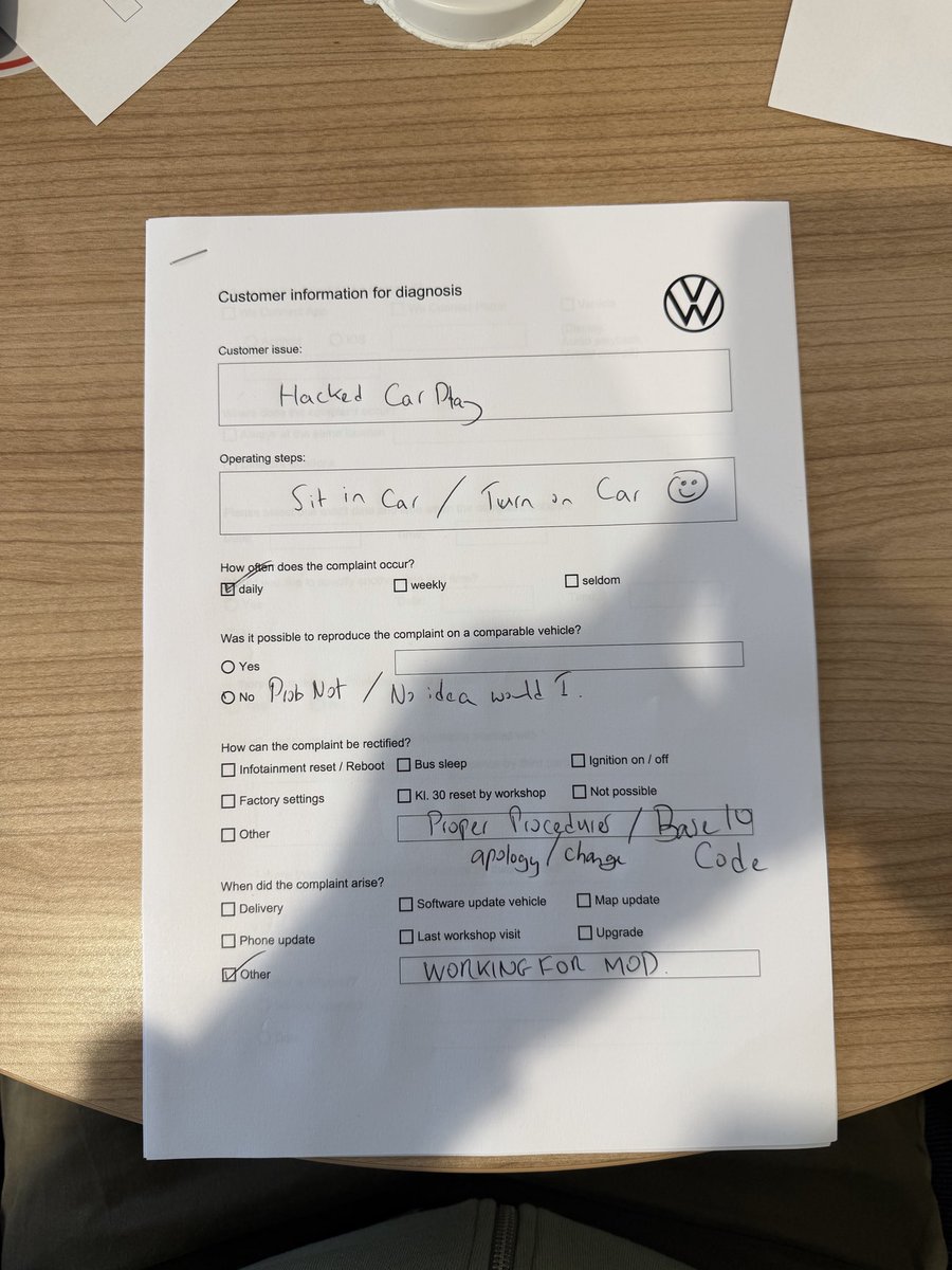 Oi <a href="/UKVolkswagen/">Volkswagen UK</a> <a href="/GOVUK/">GOV.UK</a> <a href="/GCHQ/">GCHQ</a> etc etc 

Why the fuck do you make it so frictional to report CarPlay hacks in 2025. Idiots.

You pay me a fortune too.

I care - why don’t you?

If I die on a school run you’re responsible. 

It’s all provable you fucked up

:Base10 Pivot to Better: