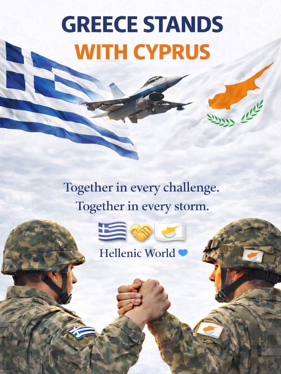 Nefelina451806's tweet photo. Greece stands with Cyprus. 🇬🇷🇨🇾
In times of uncertainty, unity is strength.
Bound by history.
Bound by culture.
Bound by brotherhood.
Together in every challenge.
Together in every storm.
Hellenic World 💙
#HellenicWorld
#Greece
#Cyprus
#GreekPride
#CyprusStrong https://t.co/HmYUatHcaK