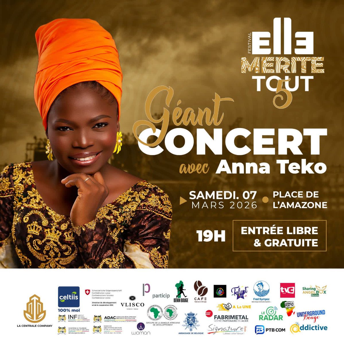 BeninBouge's tweet photo. 𝗣𝗮𝗿𝗰𝗲 𝗾𝘂’𝗘𝗟𝗟𝗘𝗦 𝗠𝗘́𝗥𝗜𝗧𝗘𝗡𝗧 𝗧𝗢𝗨𝗧, 𝘃𝗶𝗲𝗻𝘀 𝗸𝗶𝗳𝗳𝗲𝗿 𝗲𝗻 𝗰𝗼𝗻𝗰𝗲𝗿𝘁 𝗮𝘃𝗲𝗰 𝗰𝗲𝗹𝗹𝗲𝘀 𝗾𝘂𝗶 𝗳𝗼𝗻𝘁 𝗯𝗼𝘂𝗴𝗲𝗿 𝗹𝗮 𝘀𝗰𝗲̀𝗻𝗲 𝗯𝗲́𝗻𝗶𝗻𝗼𝗶𝘀𝗲, 𝗰𝗲 𝟳 𝗺𝗮𝗿𝘀 𝟮𝟬𝟮𝟲 𝗮̀ 𝟭𝟵𝗵 𝘀𝘂𝗿 𝗹'𝗲𝘀𝗽𝗹𝗮𝗻𝗮𝗱𝗲 𝗱𝗲 𝗹’𝗔𝗺𝗮𝘇𝗼𝗻𝗲 🔥

Entrée libre et gratuite, prestations 100% féminine, ambiance garantie pour honorer la femme dans toute sa dimension.

Dans le cadre du mois de mars dédié à la lutte pour les droits des femmes, La Centrale Company signe depuis 5 ans cet événement devenu incontournable à Cotonou. Et la dynamique commence dès les 5 et 6 mars 2026 avec des séances de formation et de sensibilisation, avant l’apothéose du concert. 
Impact, culture, engagement… et surtout vibration collective autour de celles qui étaient au commencement.

👉 𝗥𝗲𝗻𝗱𝗲𝘇-𝘃𝗼𝘂𝘀 𝗰𝗲 𝘀𝗮𝗺𝗲𝗱𝗶 𝟳 𝗺𝗮𝗿𝘀 𝟮𝟬𝟮𝟲 𝗮̀ 𝟭𝟵𝗵 𝗮̀ 𝗹𝗮 𝗣𝗹𝗮𝗰𝗲 𝗱𝗲 𝗹’𝗔𝗺𝗮𝘇𝗼𝗻𝗲. 
Mobilise ta famille, tes amis, partage l’info et viens vivre le moment en vrai.
𝗖’𝗲𝘀𝘁 𝗴𝗿𝗮𝘁𝘂𝗶𝘁, 𝗱𝗼𝗻𝗰 𝗮𝘂𝗰𝘂𝗻𝗲 𝗲𝘅𝗰𝘂𝘀𝗲 😉.

Sur scène : Zeynab, Anna Teko, Senzaa, Sena Noble, Voilà Lulu, Harmonie Slam, Kodey, Atchêvi, Fridaos, Charity DJ, sans oublier Les Princesses de la Danse et Les Femmes Battantes du Bénin.
Cotonou va vibrer… sois là 💃🏾.

#ELLEMERITETOUT5 #Concert #BeninBouge